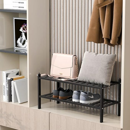 Shoe Rack, 2-Tier Bamboo Stackable Shelf Storage Organizer, Stand for Closet, Entryway and Hallway （Black）