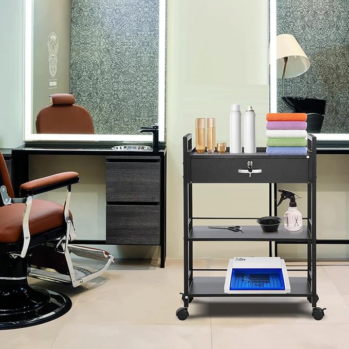 VEVOR Beauty Salon Trolley Cart, 3-Tier Hair Salon Stations Cabinet for Stylist with Lockable Drawer, MDF Rolling Storage Station with 4 Wheels (2 Lockable) for Beauty SPA Barbershop Tattoo