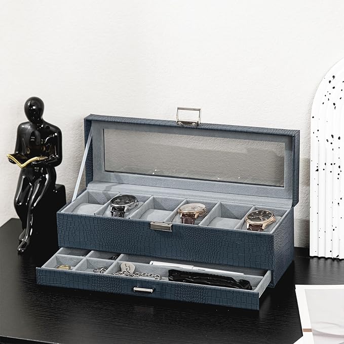 ProCase Watch Box, 6 Slot Watches Display Case with Drawer, Mens Watch Case with Glass Lid, 2-Layer Mens Jewelry Organizer Storage Holder, Birthday Valentine Gifts for Men -6 Slot, CrocCobaltBlue