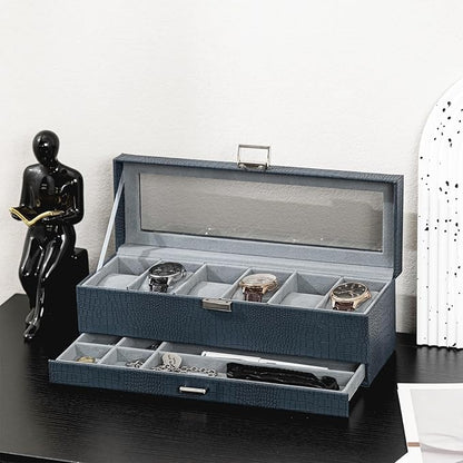ProCase Watch Box, 6 Slot Watches Display Case with Drawer, Mens Watch Case with Glass Lid, 2-Layer Mens Jewelry Organizer Storage Holder, Birthday Valentine Gifts for Men -6 Slot, CrocCobaltBlue
