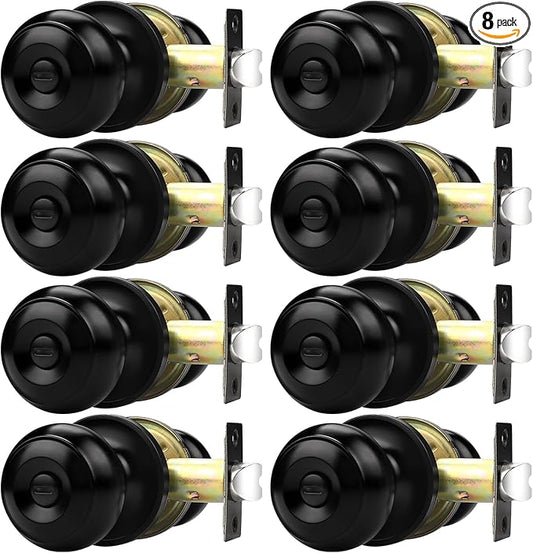 Probrico Black Door Knob 8 Pack, Interior Door Handles Black Finish, Round Knob Style, Privacy Knob for Bedroom Bathroom