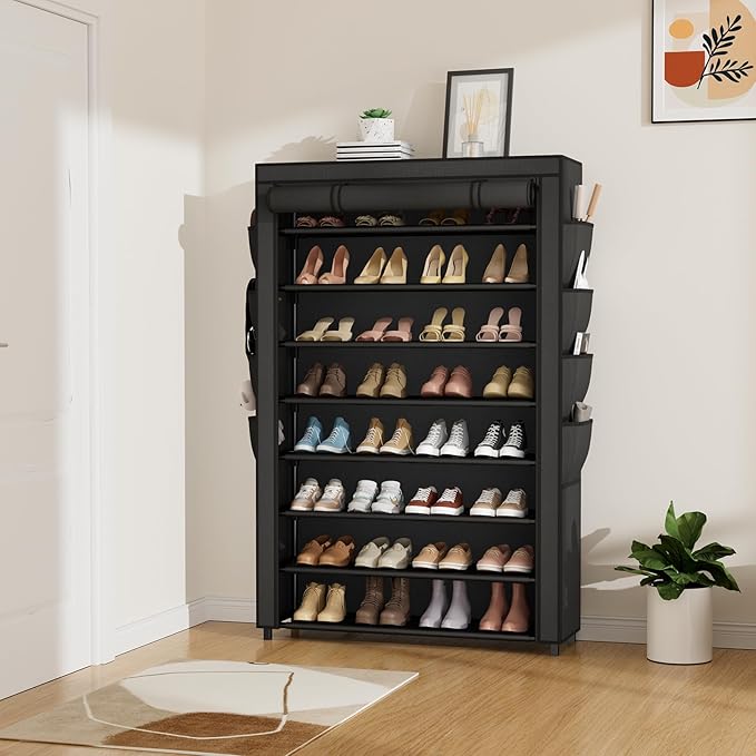 Shoe Rack with Cover, 8 Tier Tall Shoe Organizer Storage for 36-45 Pair Shoes and Boots Large Shoe Storage Shelf Free Standing Shoe Rack for Closet, Front Door Entrance, Dorm, Garage