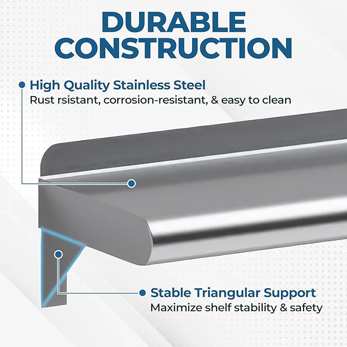 NSF Certified 18 Gauge Heavy Duty Stainless Steel Wall Shelf with Brackets for Kitchens, Utility Rooms, Storage, Offices & Home (48"x14")
