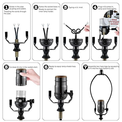 Lamp Making Kit,Make a Lamp or Repair Kit,3-Way Lamp Socket with Matching Cord Lamp Harp Set,Lamp Wiring Kit for Table Floor Lamp,Essential Hardware for DIY Lamp Design or Repair (Black, 1)
