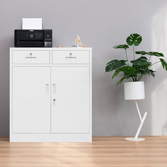 Metal Storage Cabinet, Locking Storage Cabinet with Adjustable Shelf, 36" H Metal Cabinets with 2 Drawers for Office, Garage, Home-White