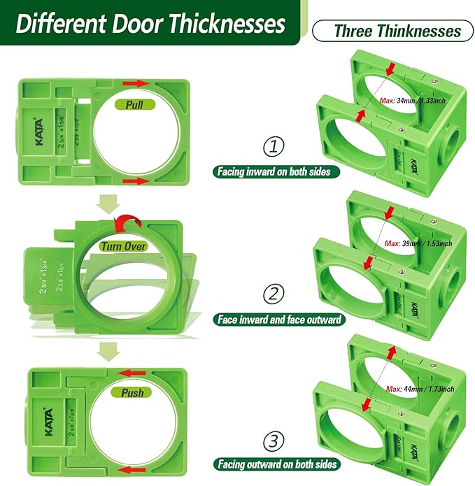 KATA 1-3/8" - 1-3/4" Door Lock Installation Kit with Large Chip-Clearance Slots, Door Lock Hole Saw for Deadbolts and Locksets for Wooden Doors with Guide Template, Carbon Steel, Green