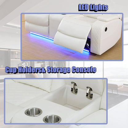 Breathing Leather Power Recliner Sectional Sofa Couch with LED Light, Living Room Furniture Sets,Creamy White Power Reclining Sectional Sofa Set with Storage Console/Cup Holder for Living Room