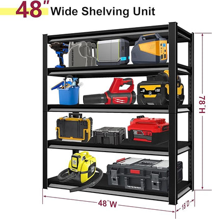 48''W Garage Shelves Heavy Duty - 2,750Lbs Steel Metal Adjustable Utility Storage Shelving Rack Units 48" W x 18" D x 78" H 5 Tier Black