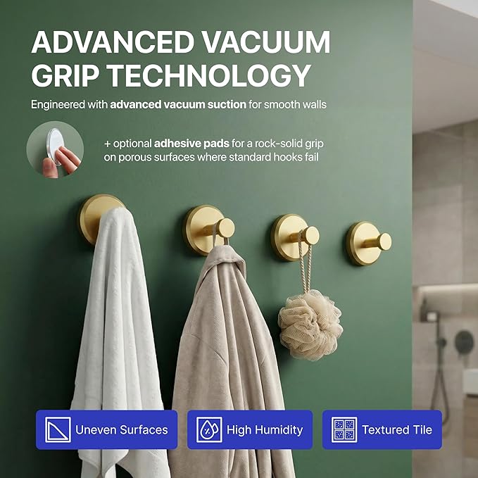 HOME SO Suction Cup Hooks for Shower & Bathroom Towel Holder 4-Pack – Suction Cups Hooks for Hanging Towels, Robes, & Coats - Tiles, Glass Door or Mirror – Shower Hooks & Towel Hooks Organizer - Gold