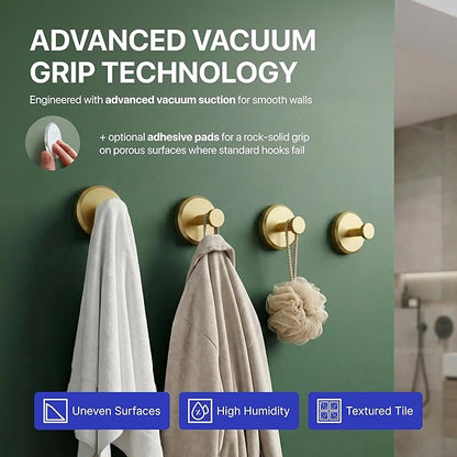 HOME SO Suction Cup Hooks for Shower & Bathroom Towel Holder 4-Pack – Suction Cups Hooks for Hanging Towels, Robes, & Coats - Tiles, Glass Door or Mirror – Shower Hooks & Towel Hooks Organizer - Gold