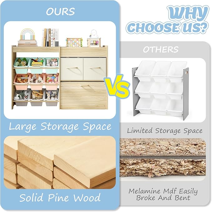 Toy Storage Organizer for Kids, 9-Bin Toy Organizer with 2-Drawers,Movable Toy Chest and Top Rack, Kids Bookshelf and Toy Storage for Playroom, Bedroom, Nursery, Multi-Color