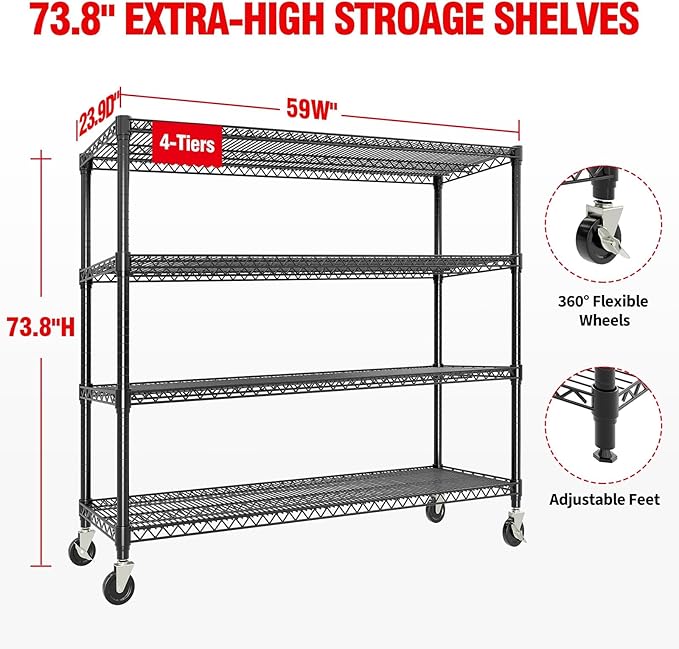 4-Tier Metal Storage Shelving Unit, 2640 Lbs Load Capacity Heavy-Duty Shelf Organizer, Adjustable Wire Rack Shelves for Garage, Pantry & Kitchen, 73.8" h x 59" w x 23.9" d