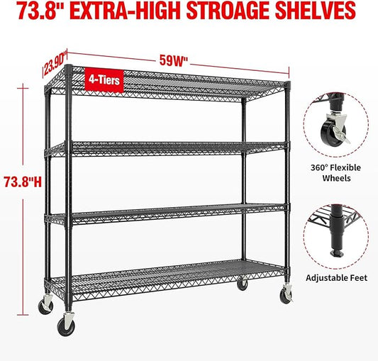 4-Tier Metal Storage Shelving Unit, 2640 Lbs Load Capacity Heavy-Duty Shelf Organizer, Adjustable Wire Rack Shelves for Garage, Pantry & Kitchen, 73.8" h x 59" w x 23.9" d