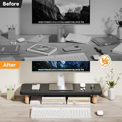 Monitor Stand Riser, 24 Inch Wood Desk Organizer with Monitor Stand & Storage Computer Monitor and Laptop Riser Multifunctional Laptop Stand Desk Organizer for Office Home Screen/Laptop/PC (Black)