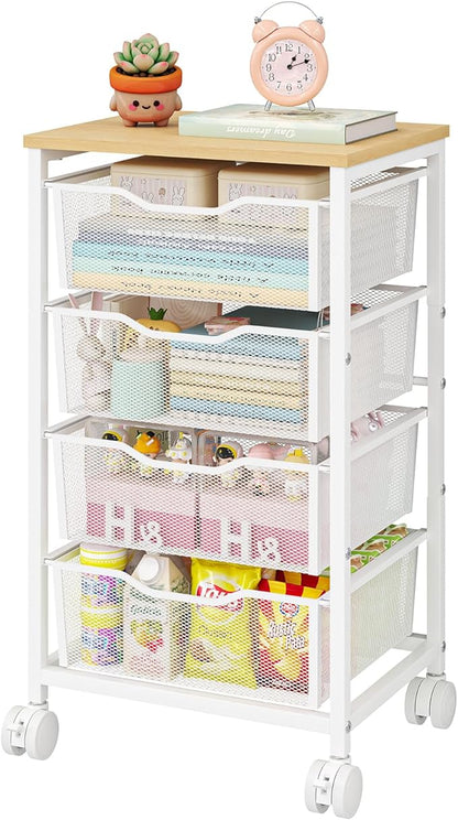 Utility Cart with 4 Drawers, Rolling Storage Cart, Metal Rolling Drawer Cart with Lockable Wheels and Wooden Tabletop, Craft Storage Art Cart for Living Room, Bedroom, Classroom, Office, White