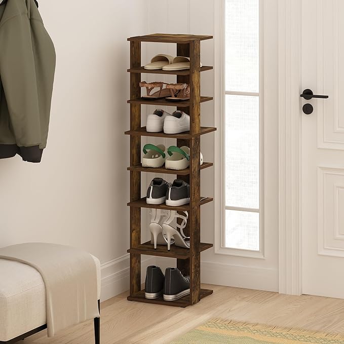 Furinno Compact Vertical Shoe Rack, 8-Tier Narrow Shoe Organizer, Free Standing Shoe Storage, Shoe Shelf for Boots, Sneakers, 12 x 12.6 x 46.7, for Closet, Entryway, Office, Garage, Amber Pine