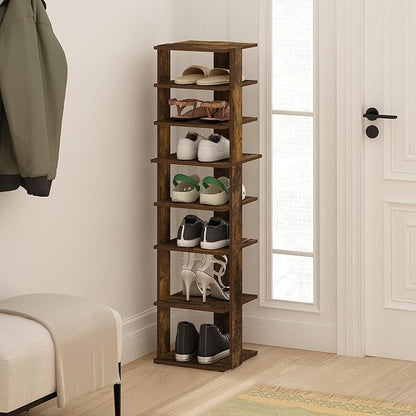 Furinno Compact Vertical Shoe Rack, 8-Tier Narrow Shoe Organizer, Free Standing Shoe Storage, Shoe Shelf for Boots, Sneakers, 12 x 12.6 x 46.7, for Closet, Entryway, Office, Garage, Amber Pine