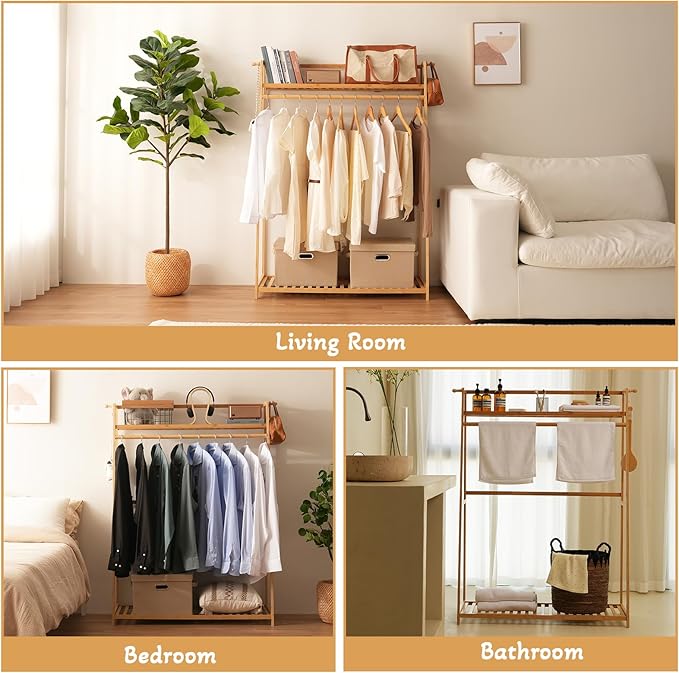 Bamboo Clothing Garment Rack 2 Tier Storage Shelf Coat Clothes Hanging Rack, Portable Wardrobe Closet Organizer With Top Shelf, Shoe Storage Shelves for Bedroom (Natural - 39.37 in)