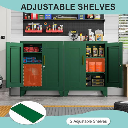 35.43" Metal Storage Cabinet with Lock, Metal File Cabinet with 2 Doors ＆ 2 Adjustable Shelves, Steel Locker Utility Tool Garage Cabinets for Home, Office, Warehouse (Green)