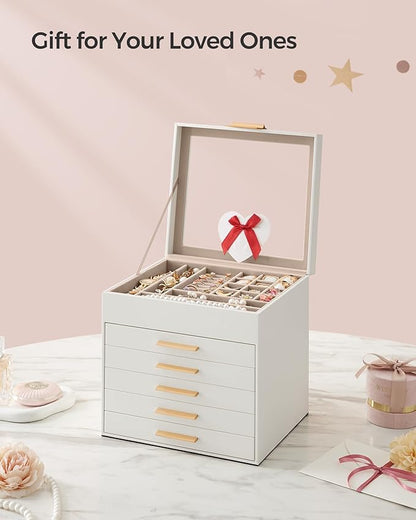 SONGMICS GISELLA Collection - Jewelry Box Organizer, 6-Layer Jewelry Storage with 5 Drawers, Shiny Metal Hardware, Glass Lid, Modern, 8 x 9.1 x 9 Inches, Cloud White and Gold Color UJBC176W01