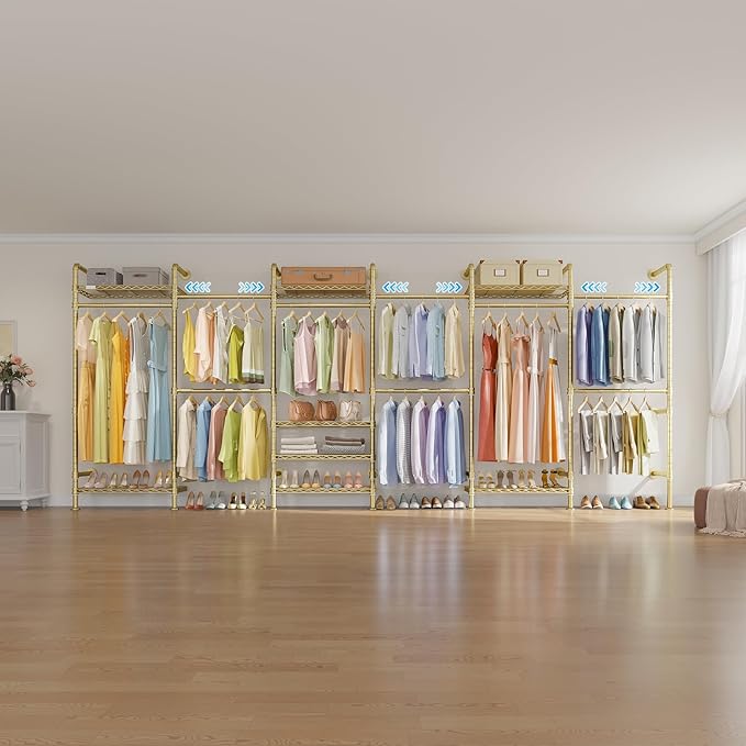 Timate L6 Closet Rack Wall Mount for Corner - Expandable Industrial Pipe Closet System, Heavy Duty Hanging Garment Rack, Closet Organizer Storage Solution for Wardrobe, Bedroom,Walk-in Closets, Gold
