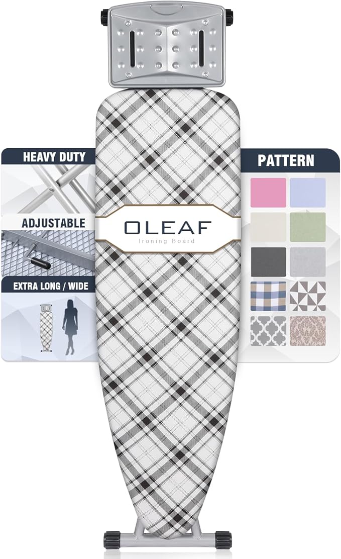 oleaf Ironing Board with Cover and Thicken Pad 43 x 13 Height Adjustable Full Size Foldable Iron Board with Iron Rest, Stable Steel Legs, Metal Construction, Heat Resistant, Black and White Checkered