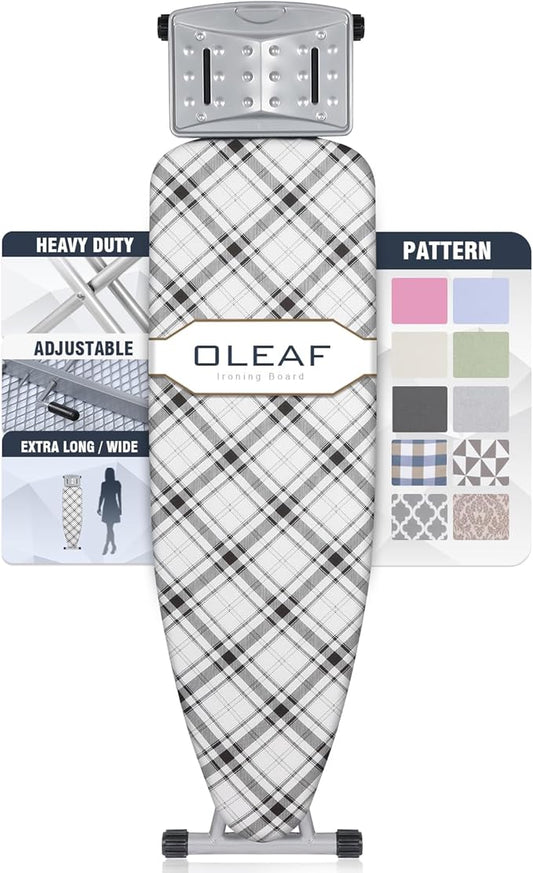 oleaf Ironing Board with Cover and Thicken Pad 43 x 13 Height Adjustable Full Size Foldable Iron Board with Iron Rest, Stable Steel Legs, Metal Construction, Heat Resistant, Black and White Checkered