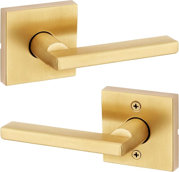 Kwikset Halifax Slim Square Passage Door Lever, Modern Interior Hallway and Closet Door Handle, Non-Locking Reversible Leverset, Satin Brass Finish