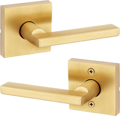 Kwikset Halifax Slim Square Passage Door Lever, Modern Interior Hallway and Closet Door Handle, Non-Locking Reversible Leverset, Satin Brass Finish