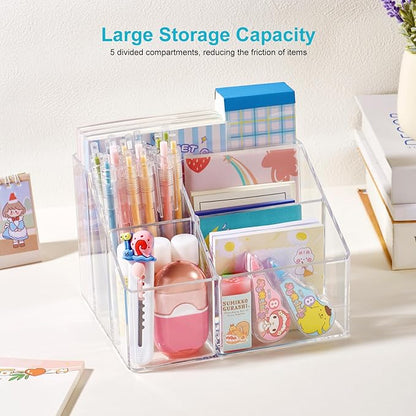 Acrylic Pencil Holder, 5-Slot Clear Pen Organizer for Desk, Cute Stationery Cup for Office, School, Home