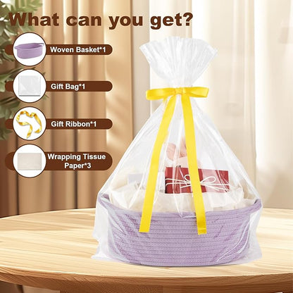 OIAHOMY Gift Basket with Handle, Small Woven Basket with Gift Bag，Ribbon and Wrap Tissue Paper，Nursery Bins Empty to Fill with Small Items, Baby，Pet Toy Organizer - Lilac Purple