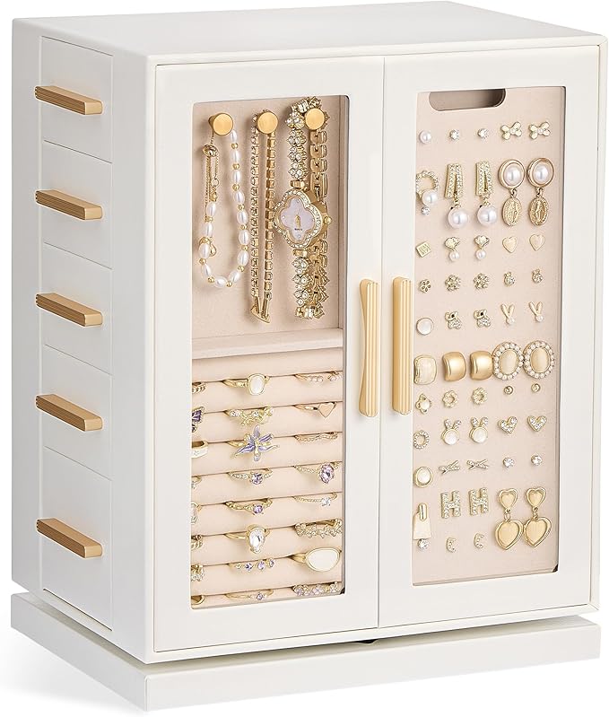 Lolalet Rotating 360° Jewelry Box, Clear Window Jewellery Storage for Earrings Bracelets Necklaces Rings, Large Vertical Organizer for Women, Valentine's Day Gift -White