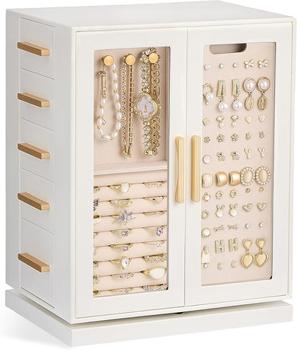 Lolalet Rotating 360° Jewelry Box, Clear Window Jewellery Storage for Earrings Bracelets Necklaces Rings, Large Vertical Organizer for Women, Valentine's Day Gift -White
