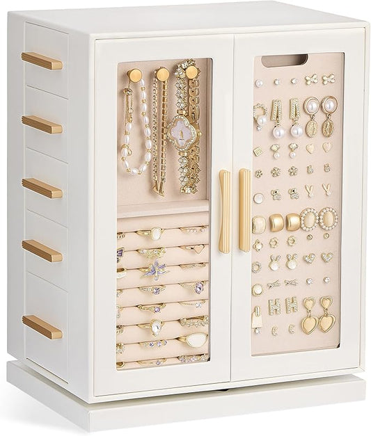 Lolalet Rotating 360° Jewelry Box, Clear Window Jewellery Storage for Earrings Bracelets Necklaces Rings, Large Vertical Organizer for Women, Valentine's Day Gift -White