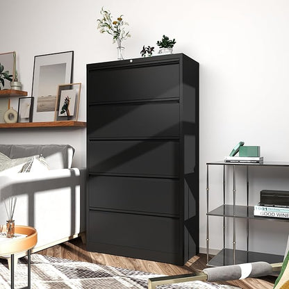 File Cabinets 5 Drawer,Metal Office Storage Filing Cabinet with Lock,White Lateral Filing Cabinet for Home Office,Horizontal Locking File Cabinet for Legal/Letter/A4,Assembly Require,Black