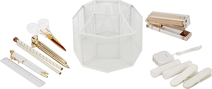 Annova Mesh Desk Organizer Rotate with 5 Compartments Spinning Tidy Candy/Pen Holder Office, Art Supply, Storage, Classroom, Home (White)