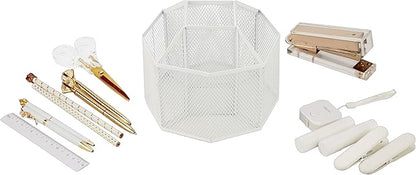 Annova Mesh Desk Organizer Rotate with 5 Compartments Spinning Tidy Candy/Pen Holder Office, Art Supply, Storage, Classroom, Home (White)