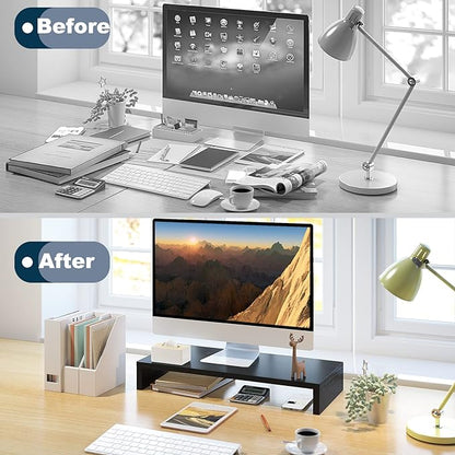 TEAMIX 20 Inch Monitor Stand Riser, Black Desktop Stand for PC/TV/Laptop/Printer, Wood Monitor Riser with Storage, Computer Stand Keyboard Organizer
