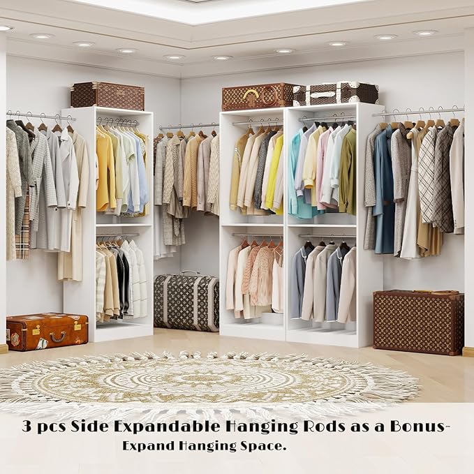Closet System, 6FT Wood Closet Organizer System Small Walk-in Closet Freestanding Corner Closets Shelf Storage with 9 Hanging Rods, Modular Closet Systems White (6FT)