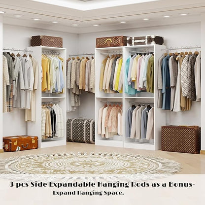 Closet System, 6FT Wood Closet Organizer System Small Walk-in Closet Freestanding Corner Closets Shelf Storage with 9 Hanging Rods, Modular Closet Systems White (6FT)