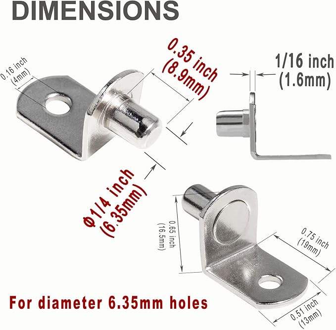 1/4 Inch (6.35mm) Shelf Pins L-Shaped Metal Support Pegs Bracket-Style Clips for Bookshelf Kitchen Cabinet Cupboard Shelves Holders, 20 PCS Nickel Plated Silver