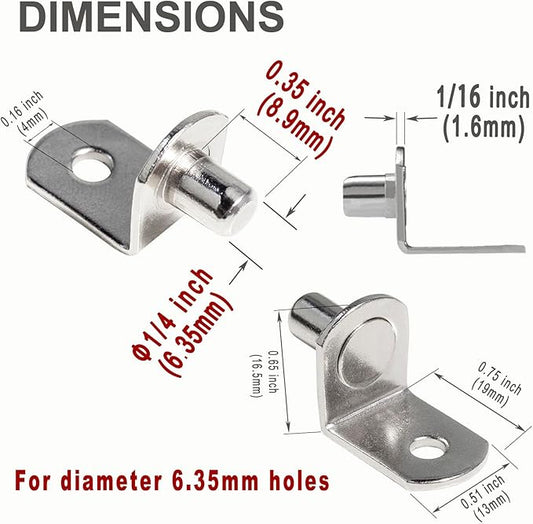 1/4 Inch (6.35mm) Shelf Pins L-Shaped Metal Support Pegs Bracket-Style Clips for Bookshelf Kitchen Cabinet Cupboard Shelves Holders, 20 PCS Nickel Plated Silver
