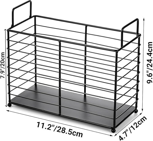 Metal Magazine Rack, Newspaper Book Tablet Storage Basket, File Holder Mail Organizer Bin with Handles, Iron Wire Black Folder Stand Holder for Home Office Bathroom Bedroom Den Living Room