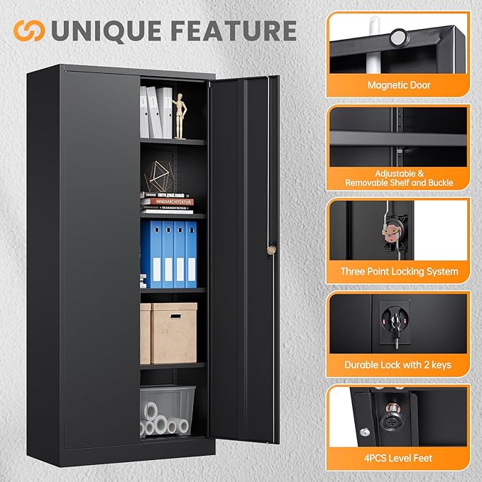 Metal Garage Storage Cabinets with Lock, 72" Tall Tool Cabinet with 2 Door and 4 Adjustable Shelves, Locking Garage Cabinets and Lockable Steel Locker for Home Office Warehouse - (Black-72”H)