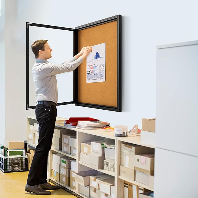 INNOVART Enclosed Bulletin Board 36”x24”, Lockable Cork Noticeboard with Black Aluminum Frame, Outdoor Enclosed Bulletin Board Weatherproof, Wall Display Case with Swing-Open Door Information Cabinet