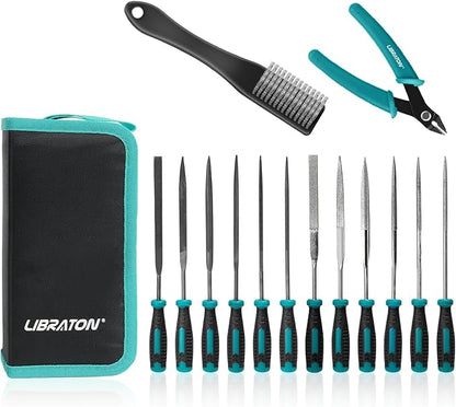 Libraton Needle File Set, Diamond Needle File Set, 14PCS Small File Set, 6 Diamond Files & 6 Carbon Steel Files with Wire Cutter, Steel Brush, Carry Bag, Jeweler File Tools for Soft Metal,Wood,Model