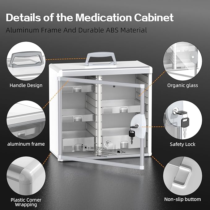 Glosen Medicine Cabinet Locking Medicine Cabinet Wall Mounted【 Silver 13.6 x 13.4 x 6.5 Inch 】 Portable Storage Container Big Capacity