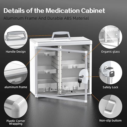 Glosen Medicine Cabinet Locking Medicine Cabinet Wall Mounted【 Silver 13.6 x 13.4 x 6.5 Inch 】 Portable Storage Container Big Capacity