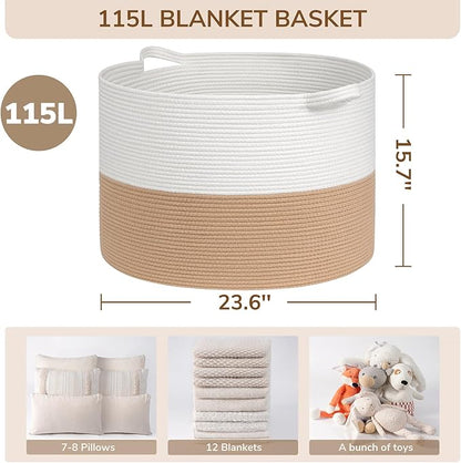 INDRESSME 115L Extra Large Jute Rope Basket, Blanket Basket Home Decor Baby Laundry Baskets for Toys Storage Bedroom, Living Room, Nursery, Boho Hamper for Colthes Towel, White & Camel
