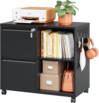 Mobile Lateral File Cabinet with Side Hook, 2 Drawer File Cabinet with Lock fits A4/Letters/Legal Size for Home Office,Metal Rolling Printer Stand with Open Storage Adjustable Shelves(Black)